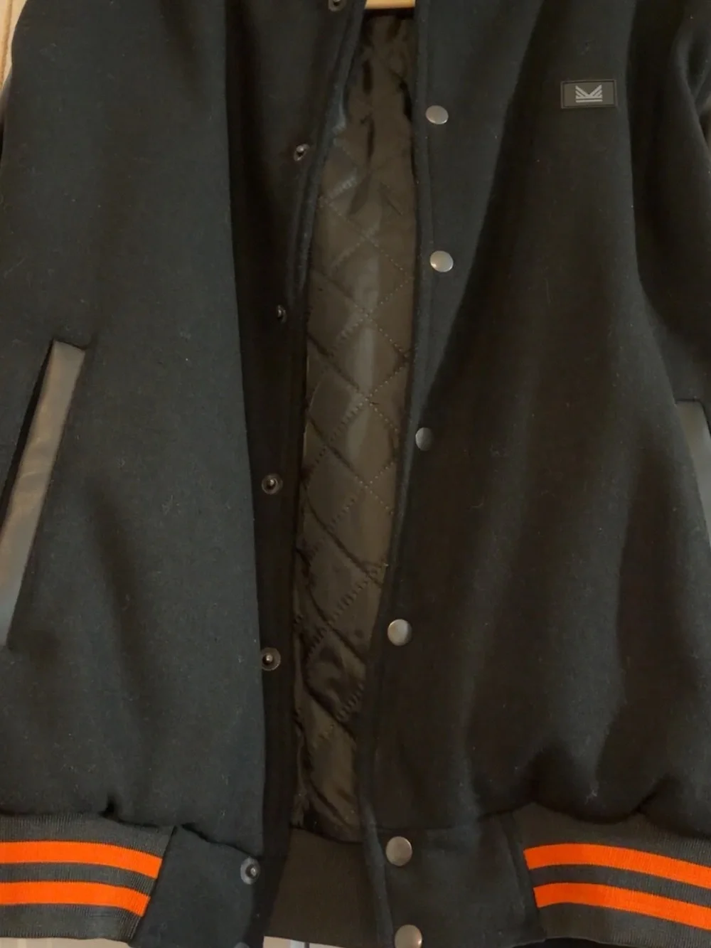 Black Varsity Jacket with Orange Stripe Trim